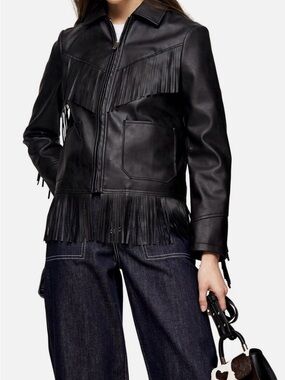 Topshop Black Fringe Faux Leather Jacket - Women
